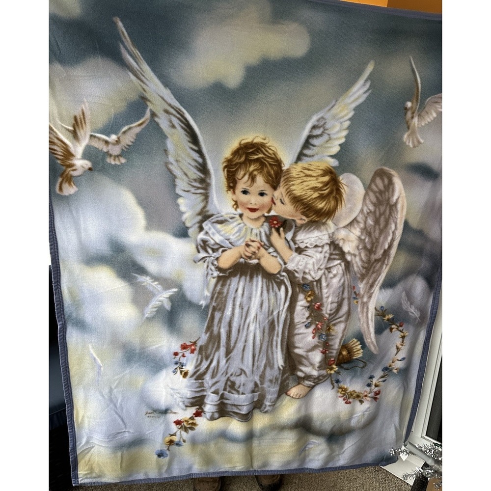 Kissing Angel Fleece Throw Blanket 50 x 61" Signed Sandra Luck VTG 1999